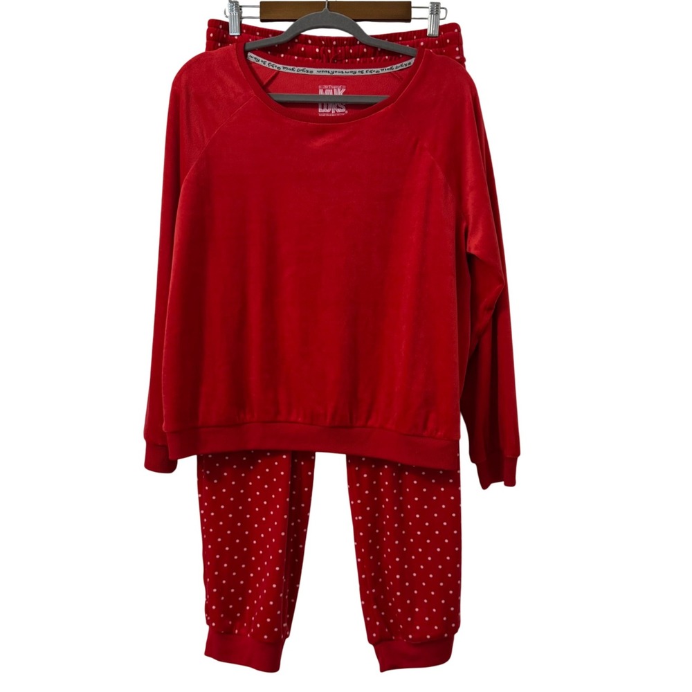 Muk Luks Pajama Set Womens M Red Polka Dot Silky Velour Christmas Festive‎